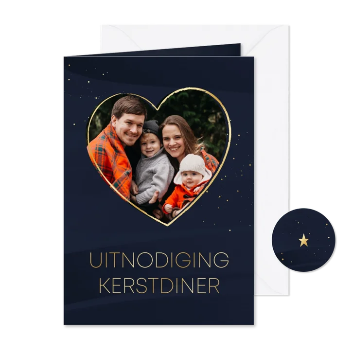 Uitnodiging kerstdiner donkerblauw met goudlook en foto
