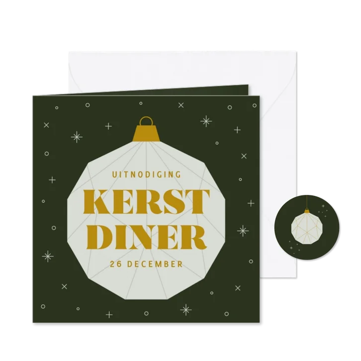 Uitnodiging kerstdiner donkergroen met kerstbal van papier