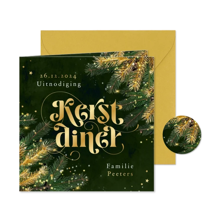 Uitnodiging kerstdiner goud groen sterren sparkle