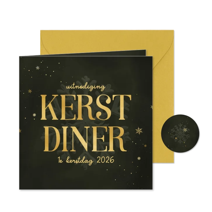 Uitnodiging kerstdiner groen sneeuwvlok goud