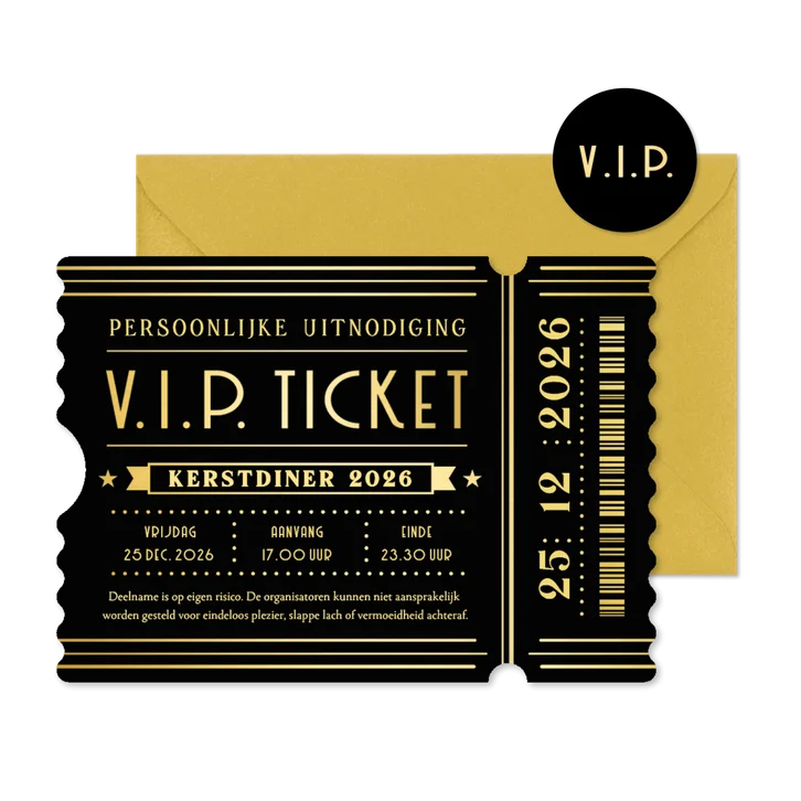 Uitnodiging kerstdiner in VIP ticket vorm zwart met goud