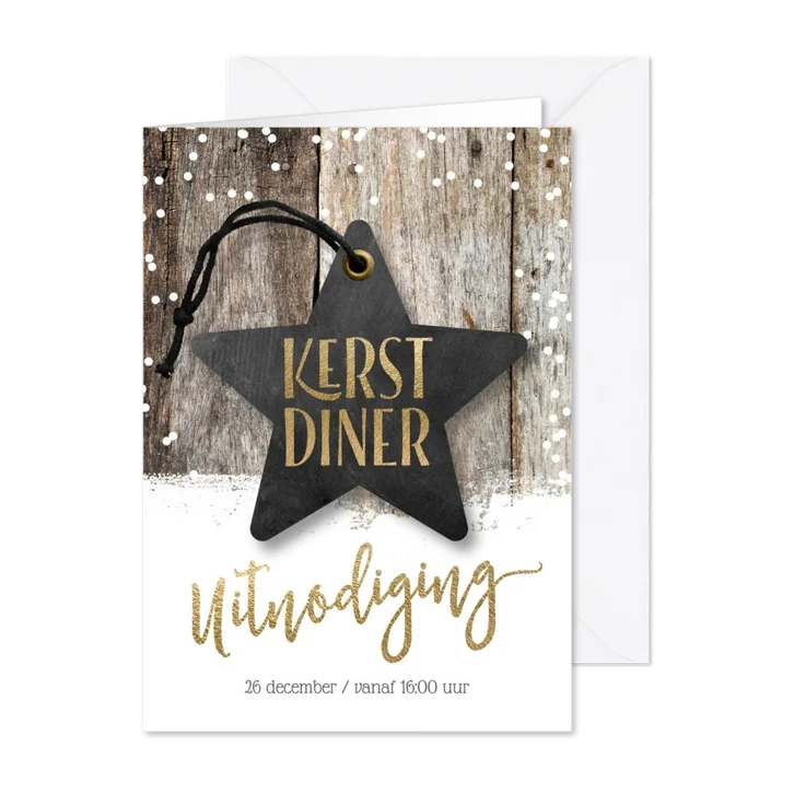 Uitnodiging kerstdiner kaart ster hout