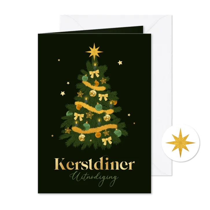 Uitnodiging kerstdiner kerstboom groen goud sterretjes