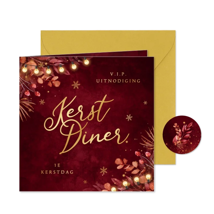 Uitnodiging kerstdiner lampjes takjes sneeuwvlokken rood