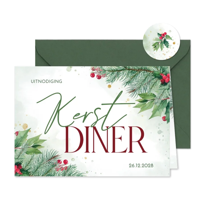 Uitnodiging kerstdiner met hulst- en kersttakjes liggend