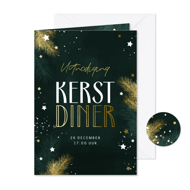 Uitnodiging kerstdiner met kersttakjes en gouden sterren