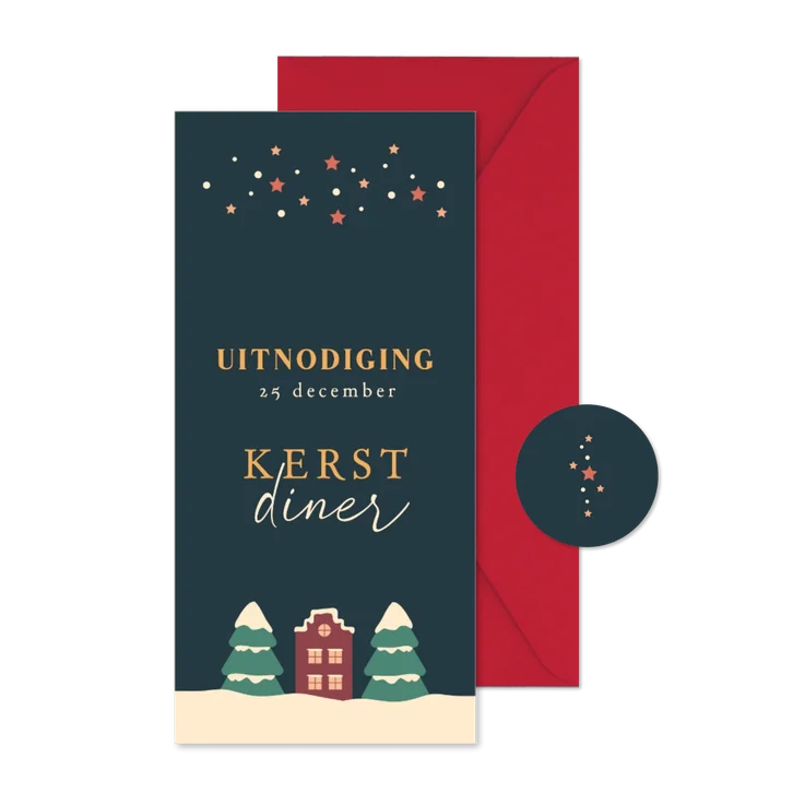 Uitnodiging kerstdiner met sterren en kersthuisje