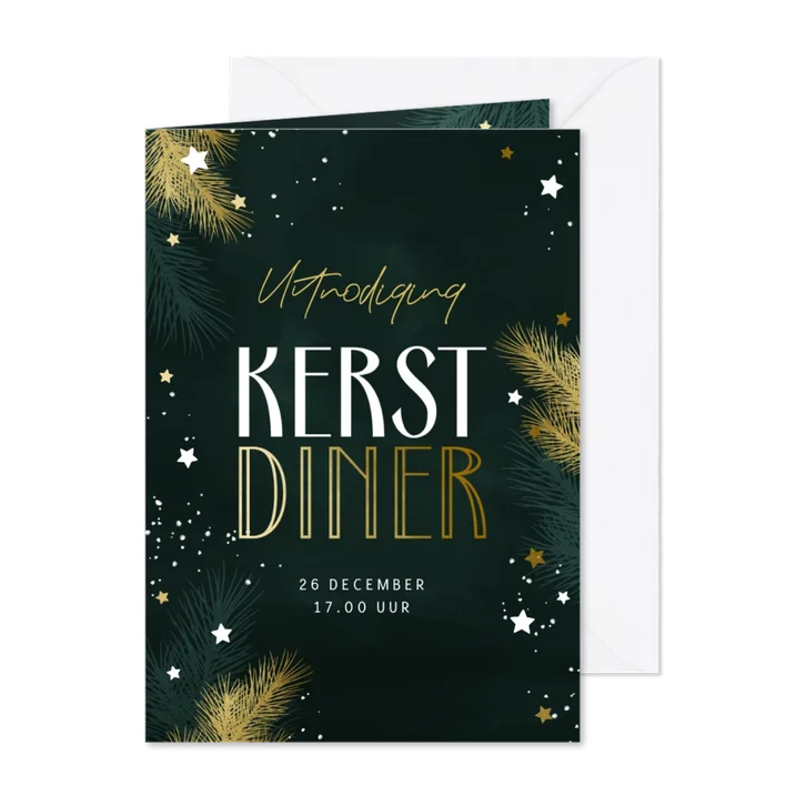 Uitnodiging kerstdiner met takjes en gouden sterren