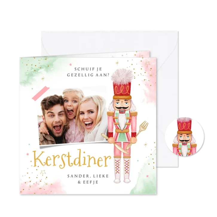 Uitnodiging kerstdiner notenkraker waterverf sterretjes foto