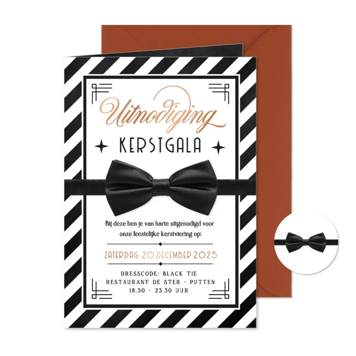 Uitnodiging kerstdiner of kerstgala retro met vlinderstrik