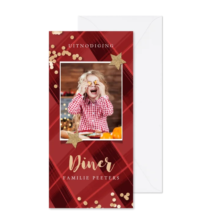 Uitnodiging kerstdiner ruitjes rood confetti goud