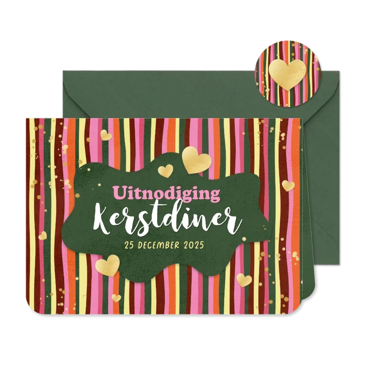 Uitnodiging kerstdiner streepjes hip hartjes goud