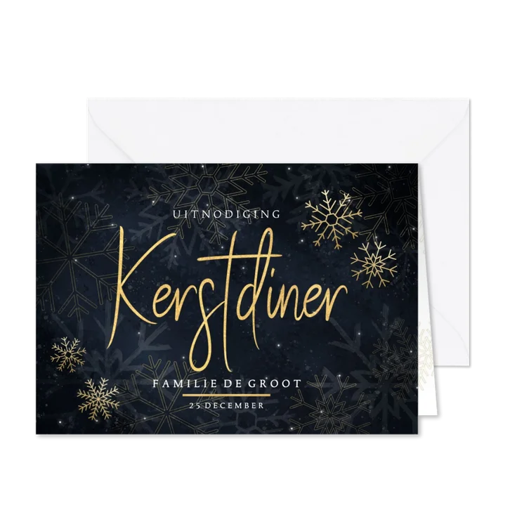 Uitnodiging kerstdiner uitnodiging met gouden sneeuwvlokken