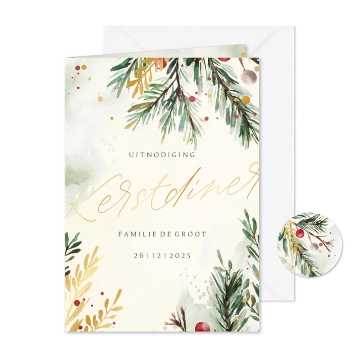 Uitnodiging kerstdiner waterverf kersttakjes met goud