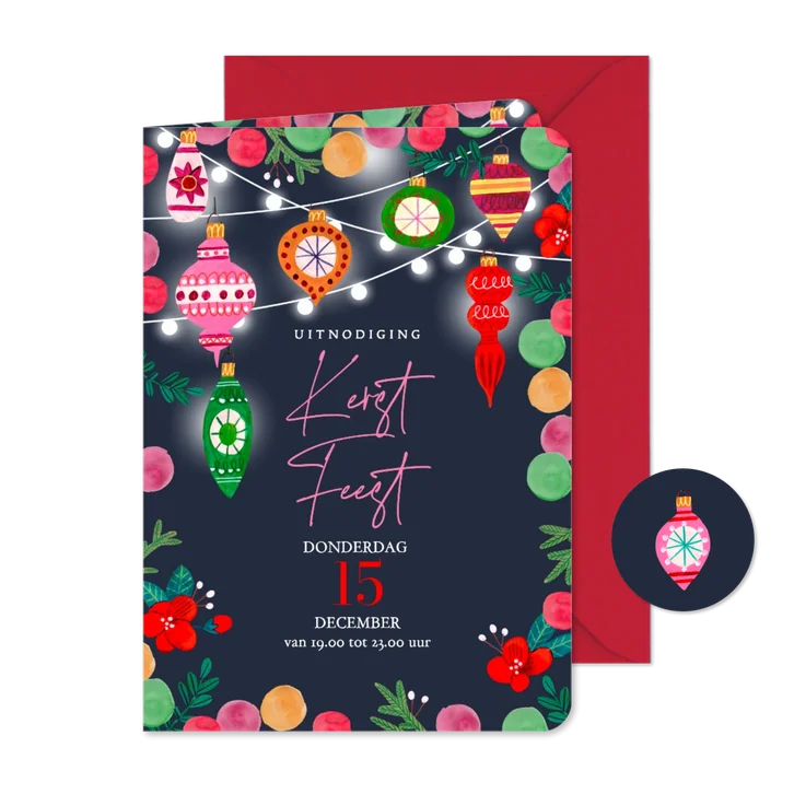 Uitnodiging kerstfeest kerstballen en lichtjes