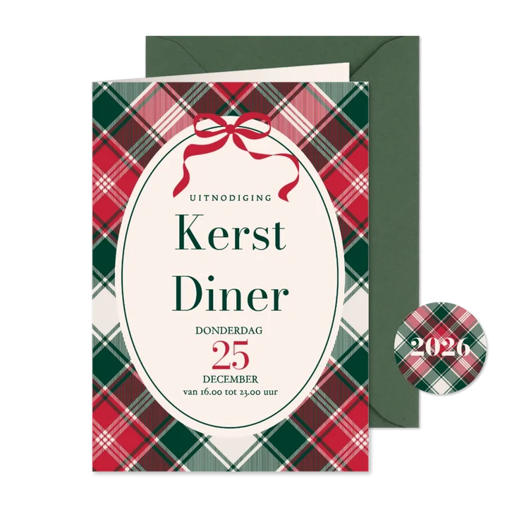 Uitnodiging kerstfeest ruit en strikje