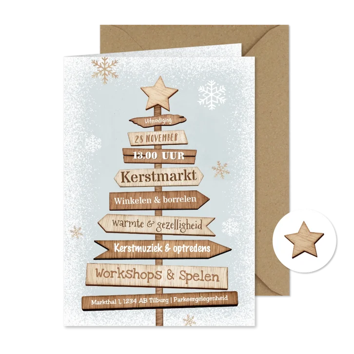 Uitnodiging kerstmarkt kerstboom winter hout