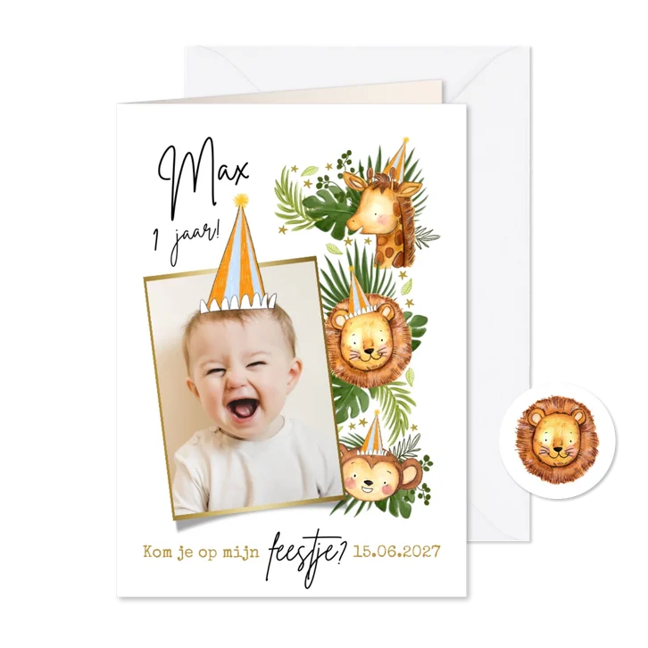 Uitnodiging kinderfeest 1 jaar jungle aap giraf leeuw foto