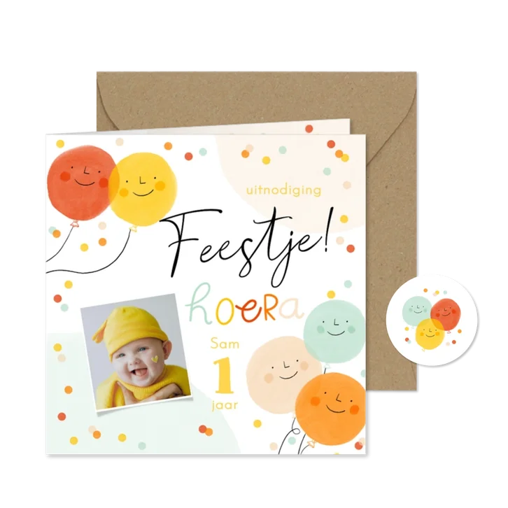 Uitnodiging kinderfeest smiley ballonnen confetti 1 jaar