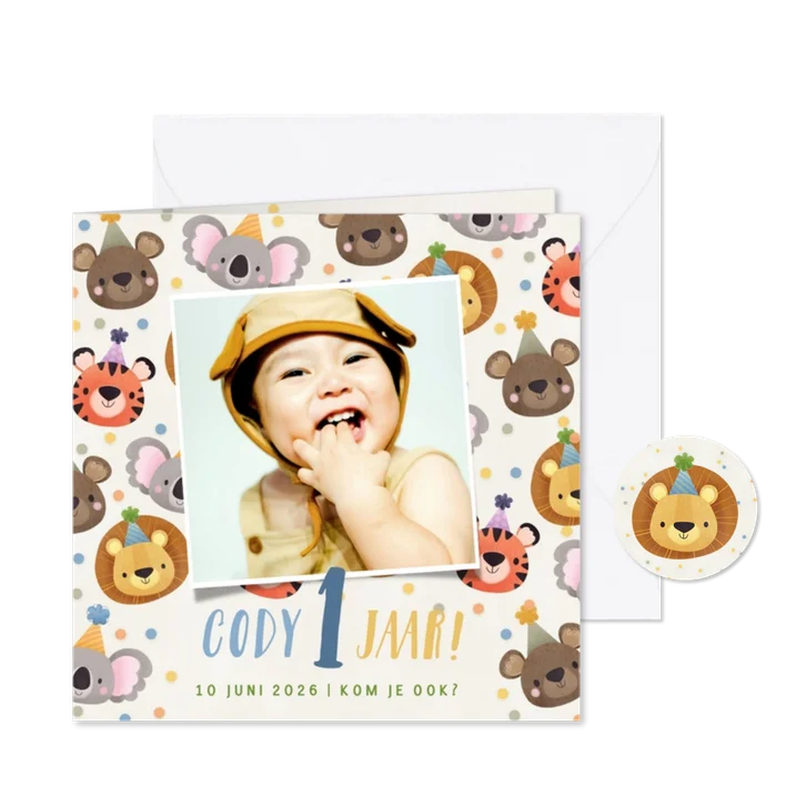 Uitnodiging kinderfeestje 1 jaar dieren met feesthoedjes