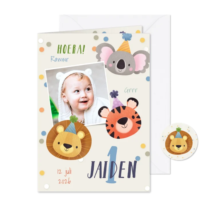 Uitnodiging kinderfeestje 1 jaar diertjes met feesthoedjes