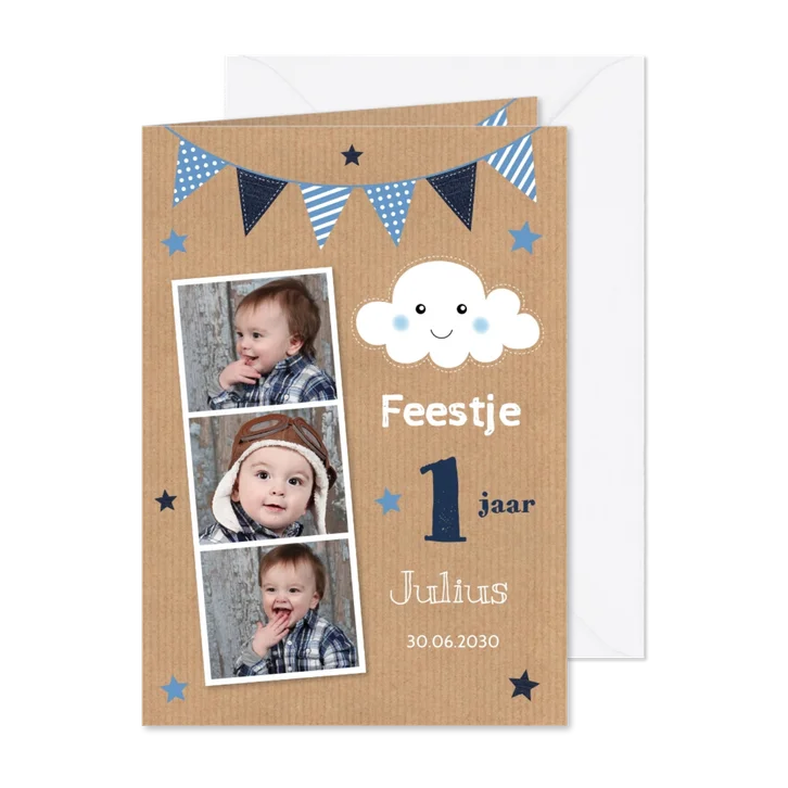 Uitnodiging kinderfeestje 1 jaar fotocollage jongen slinger
