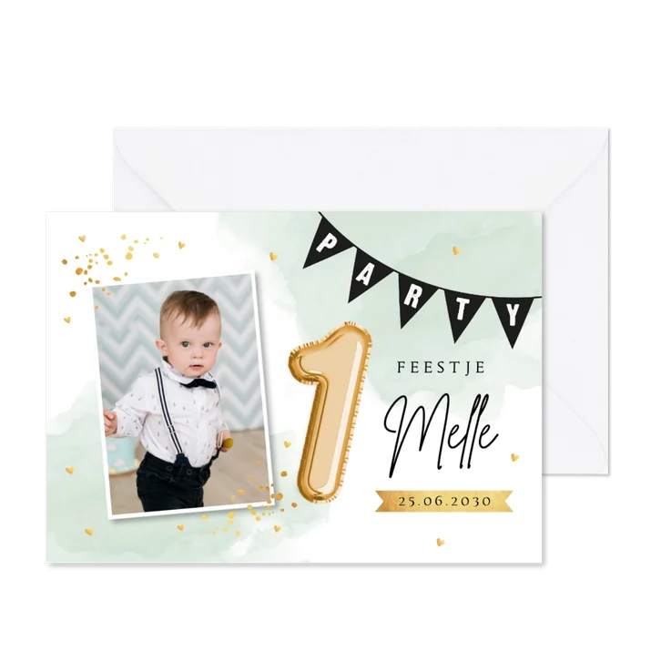 Uitnodiging kinderfeestje 1 jaar waterverf mintgroen foto