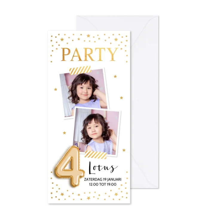 Uitnodiging kinderfeestje 4 jaar ballon goudlook