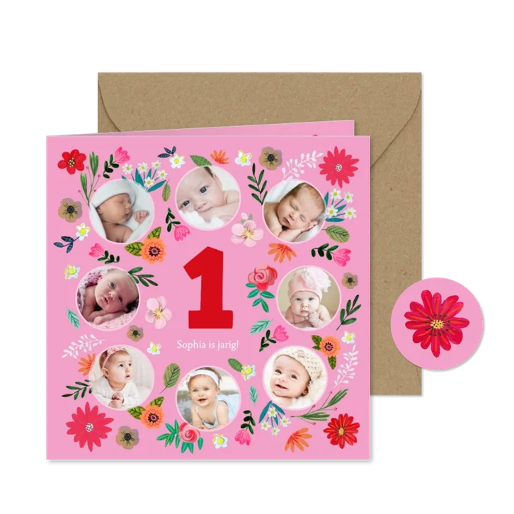 Uitnodiging kinderfeestje bloemen fotocollage 1 jaar