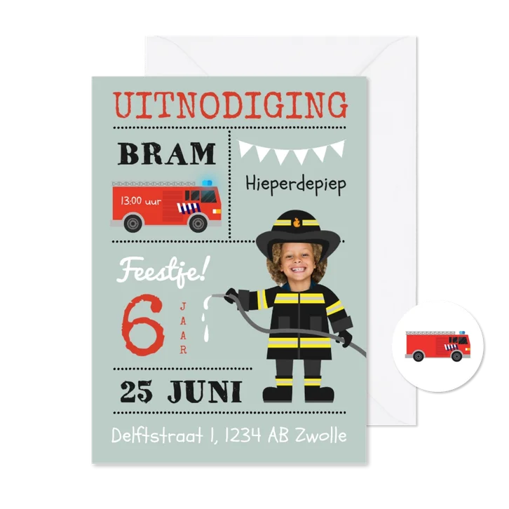 Uitnodiging kinderfeestje brandweer en brandweerauto thema