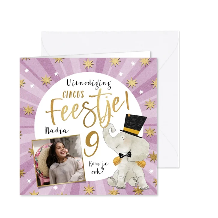 Uitnodiging kinderfeestje circus illustratie olifant goud