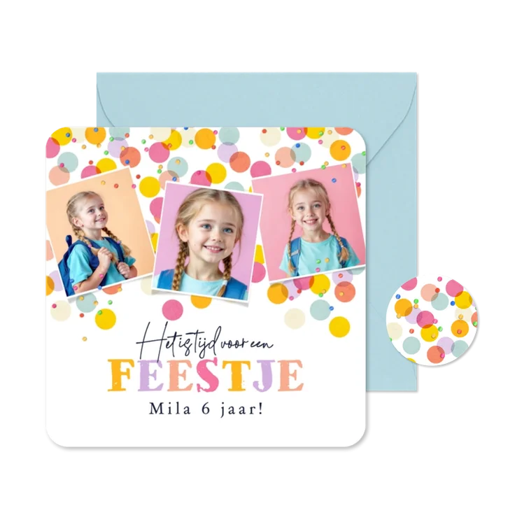 Uitnodiging kinderfeestje confetti kleurrijk foto's