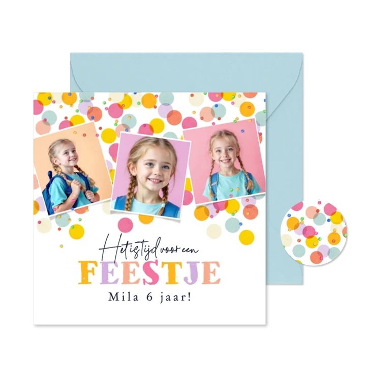 Uitnodiging kinderfeestje confetti kleurrijk foto's