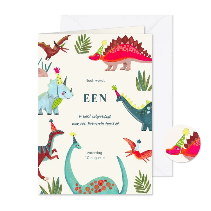 Uitnodiging kinderfeestje dinosaurus met verjaardag hoedjes