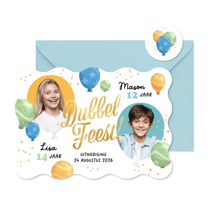 Uitnodiging kinderfeestje dubbel feest ballonnen confetti