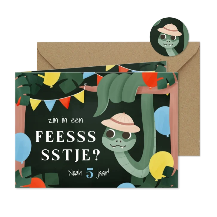 Uitnodiging kinderfeestje feessstje slang ballon vlag