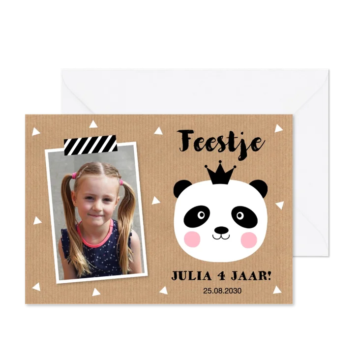 Uitnodiging kinderfeestje foto panda kraft meisje