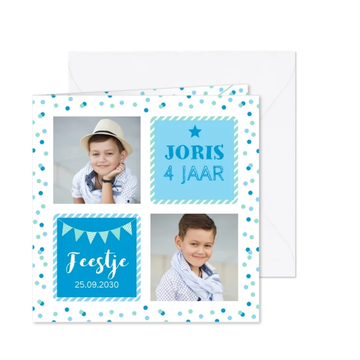 Uitnodiging kinderfeestje foto vakken blauw jongen