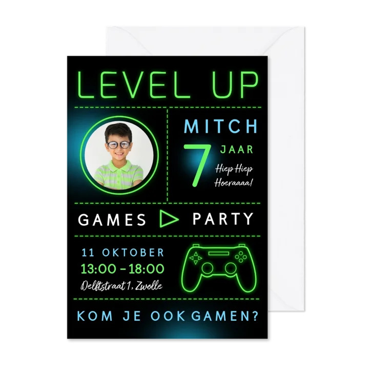 Uitnodiging kinderfeestje gamen level up