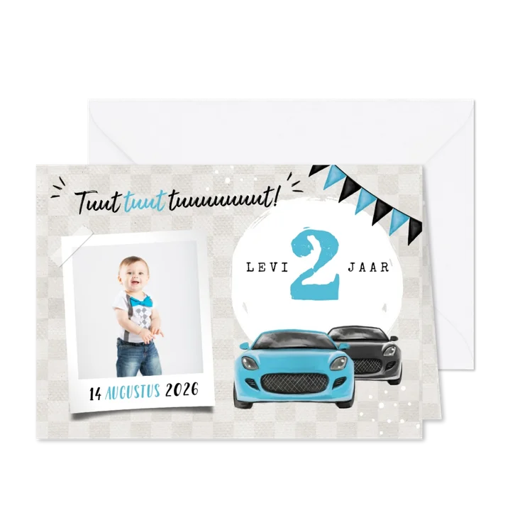 Uitnodiging kinderfeestje jongen 2 jaar auto's blauw foto