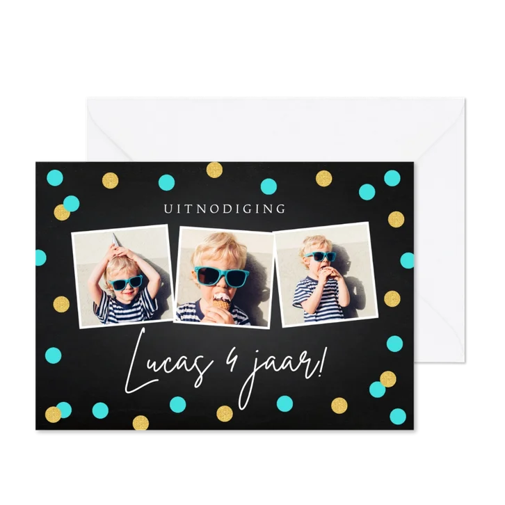 Uitnodiging kinderfeestje jongen confetti fotocollage