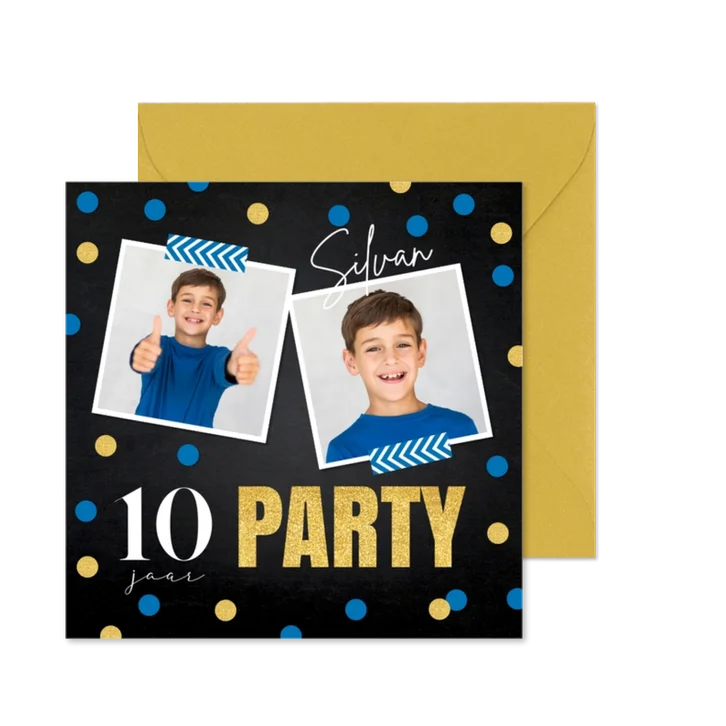 Uitnodiging kinderfeestje jongen foto goudlook confetti