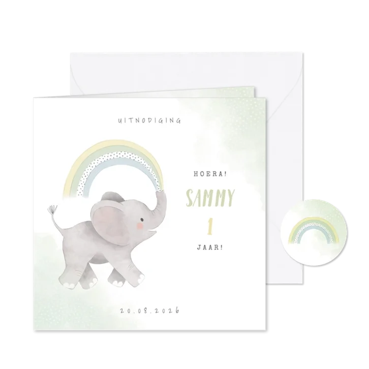 Uitnodiging kinderfeestje jongen met olifantje en regenboog