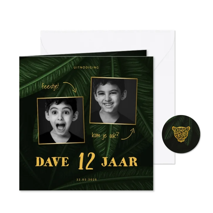 Uitnodiging kinderfeestje jungle bladeren met foto's