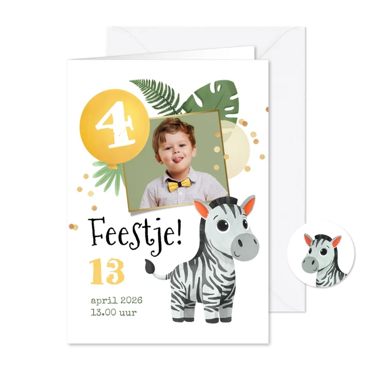 Uitnodiging kinderfeestje jungle zebra confetti ballonnen