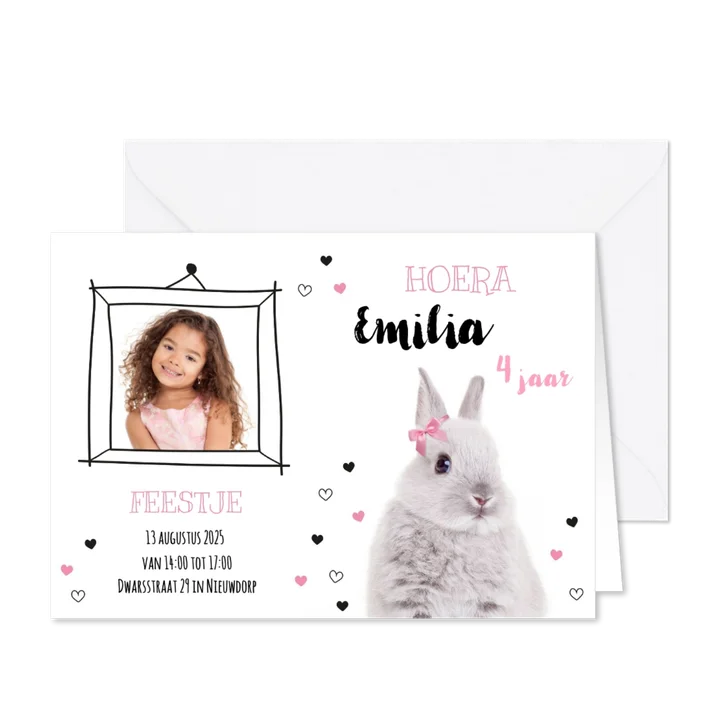 Uitnodiging - Kinderfeestje - Konijntje met roze strikje