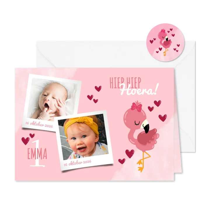 Uitnodiging kinderfeestje lieve flamingo, hartjes en foto's