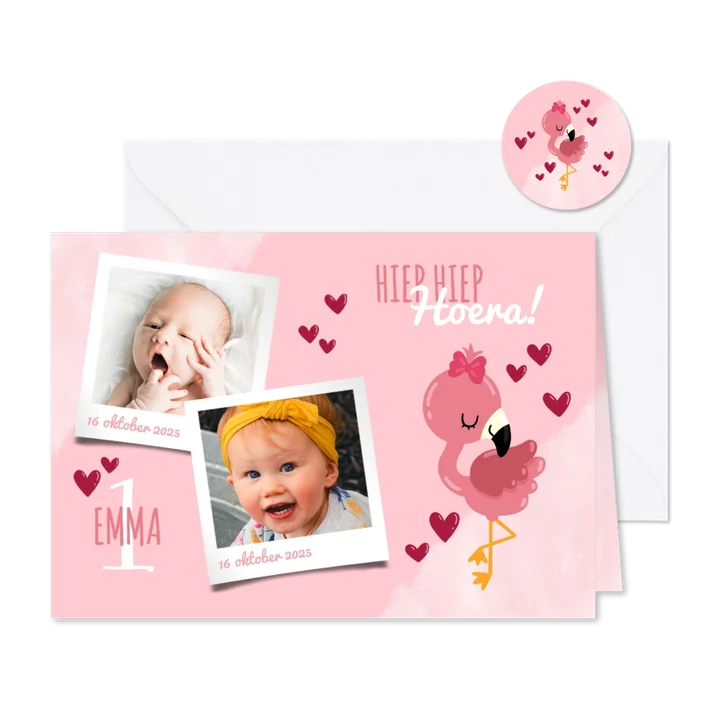 Uitnodiging kinderfeestje lieve flamingo, hartjes en foto's
