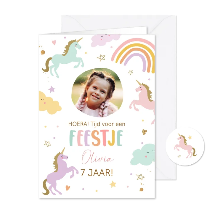 Uitnodiging kinderfeestje meisje eenhoorn en regenboog 