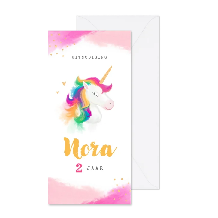 Uitnodiging kinderfeestje meisje eenhoorn roze waterverf